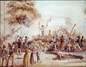 Revolution im Juli in Paris - Barrikade am Boulevard Saint Martin am 1. August von French School