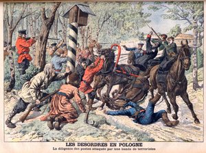 Revolutionär in Polen - Terroristen greifen eine Postkutsche in Polen an. Die Unruhen in Polen. Postkutsche von einer Bande Terroristen angegriffen. Illustration für Le Petit Journal. von French School