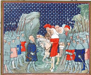 Richard II. wird in Penmaur Rhos verraten und vom Herzog von Northumberland gefangen genommen, Faksimile-Kopie aus Le Prinse et Mort du Roy Richart von Jean Creton, nachgedruckt im 19. Jahrhundert