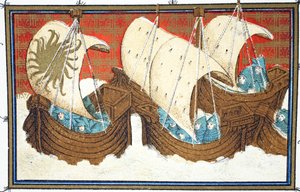 Richard II. und seine Flotte landen in Milford Haven, Faksimile-Kopie aus Le Prinse et Mort du Roy Richart von Jean Creton, nachgedruckt im 19. Jahrhundert von French School