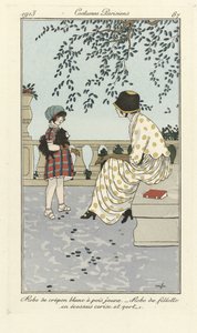 Robe de Crépon blanc à pois jaune - Robe de fillette en écossais cerise et vert, aus Costumes Parisien, veröffentlicht 1913 von French School