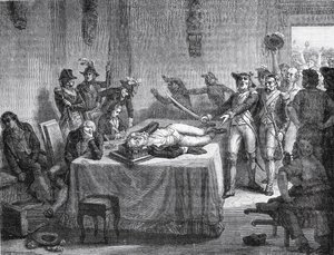 Robespierre wartet auf die Hinrichtung, nachdem er sich 1794 in den Kiefer geschossen hat von French School