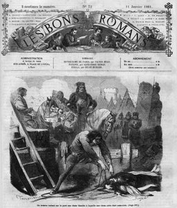 Roman: „Notre Dame de Paris“ von Victor Hugo. Ein Mann zieht zwei Frauen über das Pflaster. Gravur in „Les bons romances“ von French School
