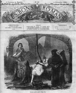 Romanserie: "Notre Dame de Paris" von Victor Hugo (1802-1885). Verhör und Folter von Esmeralda. Gravur in "Les bons romances" von French School
