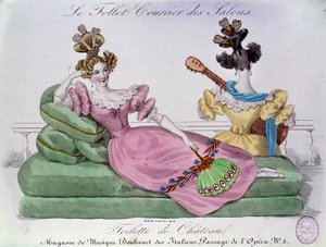 Romantische Mode: Schloss-Toilette. Zwei Frauen mit extravaganten Frisuren auf einem Kanapee. Gravur des 19. Jahrhunderts. Paris, Musée Carnavalet von French School
