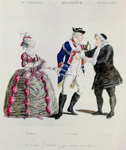 Rosine, Graf Almaviva und der Doktor, Szene aus Akt II Szene 13 von Der Barbier von Sevilla von Pierre Augustin Caron de Beaumarchais (1732-99) von French School