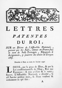 Königliches Patent zur Gewährung gleicher Rechte für portugiesische, spanische und Avignonesische Juden in Frankreich, Paris, 28. Januar 1790