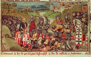 Juan I. von Avis besiegt Juan I. von Kastilien in der Schlacht von Aljubarrota, Portugal von French School