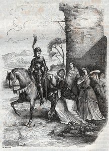 Ruggiero und drei Nymphen vom Hofe Alcinas - Gravur von 1851 aus dem Gedicht Orlando furioso von French School