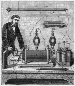 Ruhmkorff-Induktor - Die Induktionsspule von Ruhmkorff (Heinrich Daniel Ruhmkorff) - Gravur in „Wissenschaften für jedermann - Physik und Chemie“ von Alexis Clerc - Ende 19. Jahrhundert - Private Sammlung von French School