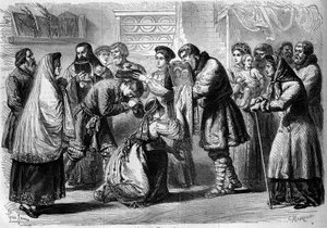 Russischer Brauch - Hochzeit - 1860: Vorhochzeitszeremonie. Der Pate und die Patin segnen die zukünftigen Ehen. Der Pate präsentiert ihnen das Bild von Christus oder der Jungfrau, Symbol der religiösen Weihe. Die Patin hält Brot und Salz über den Kopf des