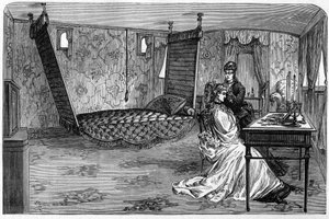 Russischer Kaiserzug, genutzt vom Herzog und der Herzogin von Edinburgh 1874: der Schlafwagen. Gravur in „Le Monde Illustré“ Nr. 886 vom 6. April 1874