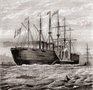 SS Great Eastern, eisernes Segeldampfschiff, entworfen von Isambard Kingdom Brunel, aus Les Merveilles de la Science, veröffentlicht um 1870 (Stich) von French School