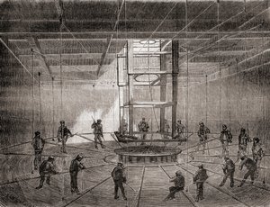 Matrosen und Arbeiter wickeln das transatlantische Telegraphenkabel in den Bilgetanks der S.S. Great Eastern auf von French School