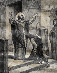 Saint Aubert (Saint-Aubert) Bischof von Cambrai und Arras (633-667?), begrüßte seinen Schüler und prodigalischen Patensohn Landelin (613-), Sohn des Herrn von Vaulx, und vergab ihm seine drei Jahre des Irrtums. Gravur in „Le Pelerin“ 16.12.1899. von French School