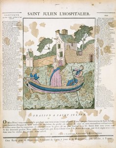 Heiliger Julian der Gastfreundliche rudert Reisende über einen Fluss, Illustration aus L