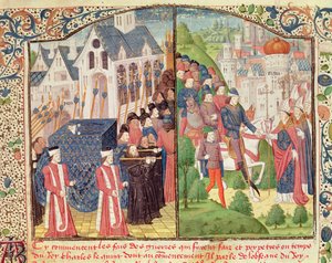 Begräbnis von König Ludwig IX. in Paris 1270 und die Ankunft von Karl V. in Reims 1364 zur Krönung in der Kathedrale, aus einem Manuskript der 
