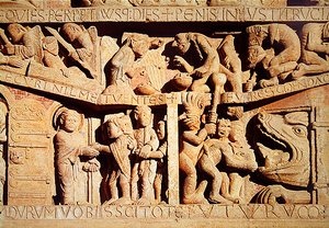 Der heilige Petrus empfängt die Gesegneten im Himmel und die Verdammten fallen in die Hölle, Detail aus dem Jüngsten Gericht am Westportal Tympanon, ca. 1135
