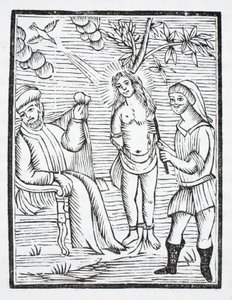 Die heilige Reine wird gefoltert, ihre Haut wird von Eisenkämmen zerrissen, auf Befehl von Olibre, weil sie sich weigert, ihren Glauben zu verleugnen von French School