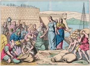 Sainte Genevieve verteilt während der Belagerung von Paris durch die Armee der Hunnen von Attila im Jahr 451 (Barbareninvasionen) Lebensmittel an die Menschen - Sainte Genevieve und das Volk von Paris - Gravur Ende des 19. Jahrhunderts in „Nos Gires Nation