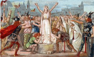 Heilige Genoveva, organisierte die Verteidigung von Paris gegen die Hunnenhorden von Attila und beruhigte das Volk von Paris im Jahr 451. Chromolithographie aus dem späten 19. Jahrhundert von French School
