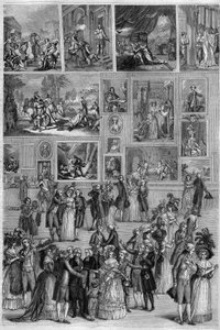 Salon de 1787: Ansicht des Salon Carré im Louvre während der Gemäldeausstellung in Paris. Gravur von Martini in „The Picturesque Store“ von French School