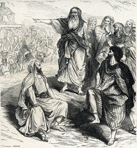 Samuel zeigt den Israeliten die Gefahren eines Königs, Gravur von Lahure, 19. Jahrhundert, Privatbesitz von French School