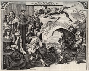 Satirische Allegorie über die Aufhebung der Belagerung von Arras im Jahr 1654 nach der Krönung von Ludwig XIV. (1638-1715). Unten links ist Königin Anna von Österreich (1601-1666). Neben Ludwig XIV. steht Kardinal Jules Mazarin (1602-1661). Gravur von French School