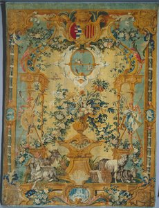 Savonnerie-Panel: Frühling mit Wappen, hergestellt von Savonnerie-Fabrik, Frankreich, vor 1717