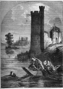 Skandal (Affäre) des Turms von Nesle: Jean Buridan entkam 1314 aus dem Turm von Nesle trotz der Falle, die Königin Marguerite von Burgund (1290-1315) gestellt hatte. Gravur in „Histoire de la prostitution et de la débauche dans les peuples du globe“ von French School