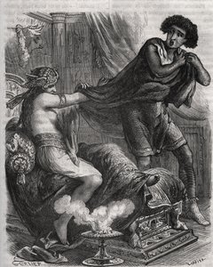 Szene aus der Bibel: "Sie ergriff den zu tugendhaften jungen Mann bei seiner Tunika". Die Frau von Putiphar versucht, Joseph, einen Sklaven des Pharaos, zu verführen. Gravur von 1871 in "Histoire Des Cocus Celebres" von Henry de Kock (1819-1892)