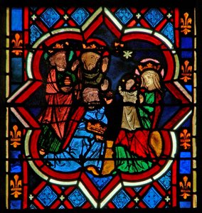 Szene im Ostfenster, Darstellung der Anbetung der Heiligen Drei Könige von French School