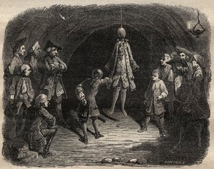 Schule der Diebe gegründet von dem Räuber Louis Dominique Garthausen genannt Cartridge (1693-1721) in einer Karriere in Paris: ein Modell hängt von der Decke, dessen Taschen geleert werden sollen, ohne sich zu bewegen, sonst gibt es eine Schussregen - Schu von French School