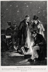 Wissenschaftliches Experiment: die Berechnung der Schallgeschwindigkeit, von Humboldt, Louis-Joseph Gay-Lussac (Louis Joseph Gay Lussac), Bouvard, Prony und Mathieu, die die Zeit bestimmen, die zwischen der Wahrnehmung des Lichts und dem eines Gewehrschuss