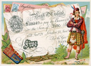 Schottischer Soldat, der eine Bank of England Fünf-Pfund-Note bewacht, 1886-95