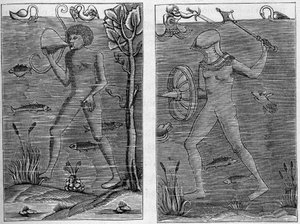 Seesoldat: der Taucher und der Mann der Waffen. Holzschnitte aus dem 16. Jahrhundert. In „La Marine et les colonies: commerce“