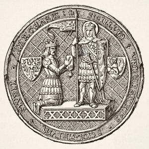 Siegel der Universität Prag, aus Wissenschaft und Literatur im Mittelalter von Paul Lacroix, veröffentlicht in London 1878