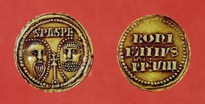 Siegel mit den Köpfen von St. Paul und St. Peter, von einer Bulle von Papst Bonifatius VIII., recto und verso, 1295 (Wachs)