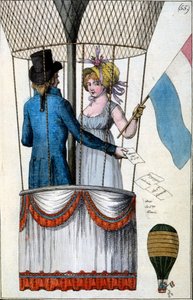 Zweiter Flug von Garnerin mit Citoyenne Henri aus Parc Monceau, 8. Juli 1798, aus Costumes Parisiens, ca. 1798