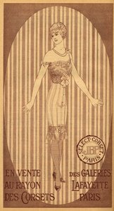 Auswahl JPB-Korsett zum Verkauf in der Korsettabteilung der Galeries Lafayette in Paris - 1914