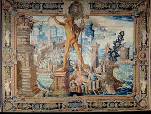 Sieben Weltwunder: der Koloss von Rhodos (Statue des Helios). Wandteppich hergestellt von der Werkstatt der Gobelins. 17. Jahrhundert Paris, Musée des Gobelins