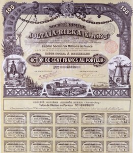 Aktienzertifikat über 100 Francs für die französisch-russische Joltaia-Rieka-Bergbaugesellschaft, 1899