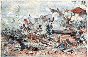 Belagerung und Eroberung von Saragossa (Zaragoza) in Spanien im Februar 1809 durch die napoleonischen Truppen. Gravur des 19. Jahrhunderts von French School
