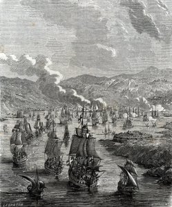Belagerung von Toulon fand zwischen dem 29. Juli und 21. August 1707 während des Spanischen Erbfolgekriegs statt, als eine alliierte Land- und Seestreitmacht die französische Marinebasis in Toulon belagerte (Gravur)