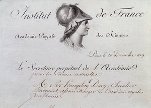 Zertifikat der Mitgliedschaft von Sir Humphry Davy (1778-1829) im Institut de France, 10. Dezember 1819 von French School