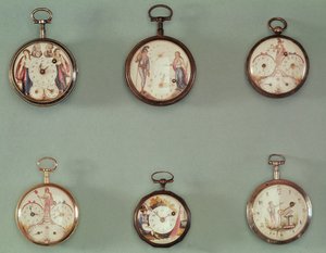 Sechs Taschenuhren mit revolutionären Symbolen verziert (Metall & Emaille)