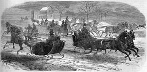 Schlittenfahrt in New York, Vereinigte Staaten, Winter 1858. Gravur in „Le Monde Illustré“ Nr. 47 vom 6. März 1858