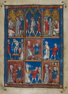 Sloane MS 1977 fol.6r Neun Miniaturen, die biblische und medizinische Szenen zeigen. Oben, Christus vor Kaiphas und Pilatus; die Geißelung. Mitte und unten, Ärzte behandeln Patienten mit Knochenbrüchen und anderen Beschwerden