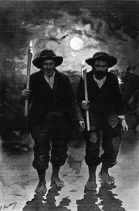 Quelle und Kranker: zwei Männer, eine Vollmondnacht, jeder hält eine Kerze und geht barfuß (Prozession?) - im „Journal des voyages“