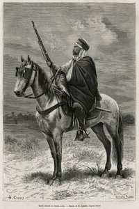 Spahi, effizienter Reiter und Schrecken, der zur Eroberung Algeriens beiträgt, im Dienst Frankreichs, abgelöst im Arabischen Büro, Gravur nach einer Zeichnung von H. Charles, zur Illustration der Geschichte Tebessa und seiner Denkmäler (Algerien), von A. H von French School